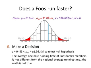 Does a Foos run faster?
Given: μ = 613sec , σM = 31.02sec, x̅ = 596.667sec, N = 6
6. Make a Decision
z = 0-.53 < zcrit = ±1.96, fail to reject null hypothesis
The average one mile running time of Foos family members
is not different from the national average running time…the
myth is not true
 