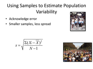 Using Samples to Estimate Population
Variability
• Acknowledge error
• Smaller samples, less spread
2
( )
1
i
X X
s
N
 


 