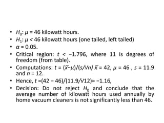 • H0: μ = 46 kilowatt hours.
• H1: μ < 46 kilowatt hours (one tailed, left tailed)
• α = 0.05.
• Critical region: t < −1.796, where 11 is degrees of
freedom (from table).
• Computations: t = (x̅−μ)/(s/√n) x̅ = 42, μ = 46 , s = 11.9
and n = 12.
• Hence, t =(42 − 46)/(11.9/√12)= −1.16,
• Decision: Do not reject H0 and conclude that the
average number of kilowatt hours used annually by
home vacuum cleaners is not significantly less than 46.
 
