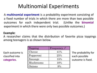 Multinomial Experiments
A multinomial experiment is a probability experiment consisting of
a fixed number of trials in which there are more than two possible
outcomes for each independent trial. (Unlike the binomial
experiment in which there were only two possible outcomes.)
Example:
A researcher claims that the distribution of favorite pizza toppings
among teenagers is as shown below.
Topping Frequency, f
Cheese 41%
Pepperoni 25%
Sausage 15%
Mushrooms 10%
Onions 9%
Each outcome is
classified into
categories.
The probability for
each possible
outcome is fixed.
 
