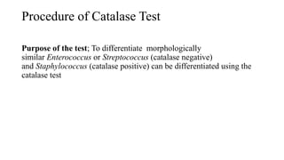 Procedure of Catalase Test
Purpose of the test; To differentiate morphologically
similar Enterococcus or Streptococcus (catalase negative)
and Staphylococcus (catalase positive) can be differentiated using the
catalase test
 