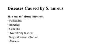 Diseases Caused by S. aureus
Skin and soft tissue infections
• Folliculitis
• Impetigo
• Cellulitis
• Necrotizing fasciitis
• Surgical wound infection
• Abscess
 