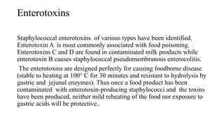 Enterotoxins
Staphylococcal enterotoxins of various types have been identified.
Enterotoxin A is most commonly associated with food poisoning.
Enterotoxins C and D are found in contaminated milk products while
enterotoxin B causes staphylococcal pseudomembranous enterocolitis.
The enterotoxins are designed perfectly for causing foodborne disease
(stable to heating at 100° C for 30 minutes and resistant to hydrolysis by
gastric and jejunal enzymes). Thus once a food product has been
contaminated with enterotoxin-producing staphylococci and the toxins
have been produced, neither mild reheating of the food nor exposure to
gastric acids will be protective..
 