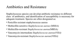 Antibiotics and Resistance
Staphylococcus species can develop antibiotic resistance to different
class of antibiotics, and identification of susceptibility is necessary for
adequate treatment. Species are often designated as:
• Penicillin resistant staphylococcus aureus
• Methicillin-sensitive Staphylococcus aureus (MSSA)
• Methicillin-resistant Staphylococcus aureus(MRSA)
• Vancomycin intermediate Staphylococcus aureus(VISA)
• Vancomycin-resistant Staphylococcus aureus(VRSA)
 