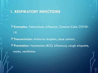 1. RESPIRATORY INFECTIONS
Examples: Tuberculosis, Influenza, Common Cold, COVID-
19.
Transmission: Airborne droplets, close contact.
Prevention: Vaccination (BCG, Influenza), cough etiquette,
masks, ventilation
 