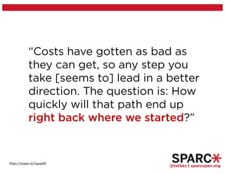 @txtbks | sparcopen.org
“Costs have gotten as bad as
they can get, so any step you
take [seems to] lead in a better
direction. The question is: How
quickly will that path end up
right back where we started?”
https://wapo.st/2qyav0F
 