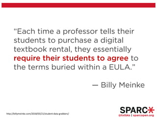 @txtbks | sparcopen.org
“Each time a professor tells their
students to purchase a digital
textbook rental, they essentially
require their students to agree to
the terms buried within a EULA.”
— Billy Meinke
http://billymeinke.com/2018/03/21/student-data-grabbers/
 