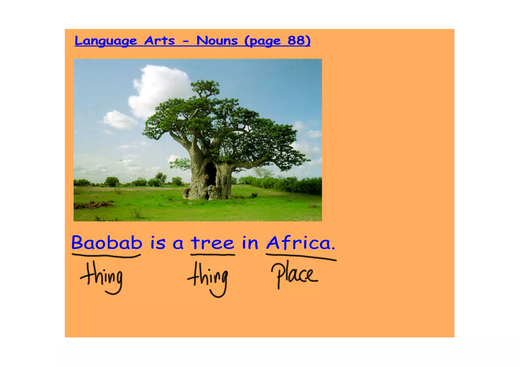 Language Arts - Nouns (page 88)




Baobab is a tree in Africa.
 