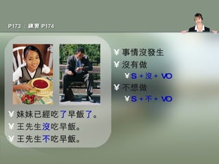 P173 ：練習 P174 妹妹已經吃 了 早飯 了 。 王先生 沒 吃早飯 。 王先生 不 吃早飯。 事情沒發生 沒有做 S ＋沒＋ VO 不想做 S ＋不＋ VO 