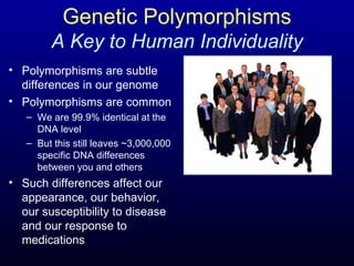 Genetic Polymorphisms A Key to Human Individuality Polymorphisms are subtle differences in our genome Polymorphisms are common We are 99.9% identical at the DNA level But this still leaves ~3,000,000 specific DNA differences between you and others Such differences affect our appearance, our behavior, our susceptibility to disease and our response to medications 