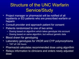 Structure of the UNC Warfarin Service/Study Project manager or pharmacist will be notified of all inpatients or ED patients who are prescribed warfarin or heparin Consult provider and approach patient for consent Patients randomized to one of two arms:  Dosing based on algorithm which takes genotype into account Dosing based on same algorithm, but without genetic data Blood drawn for genotyping Laboratory genotypes for VKOR and CYP polymorphisms TAT of <24 hours Pharmacist calculates recommended dose using algorithm Relays information to clinicians and orders newly adjusted dose 