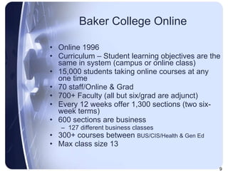 Baker College Online Online 1996 Curriculum – Student learning objectives are the same in system (campus or online class) 15,000 students taking online courses at any one time 70 staff/Online & Grad 700+ Faculty (all but six/grad are adjunct) Every 12 weeks offer 1,300 sections (two six-week terms) 600 sections are business 127 different business classes 300+ courses between  BUS/CIS/Health & Gen Ed Max class size 13 