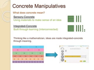 Concrete Manipulatives 
What does concrete mean? 
Sensory-Concrete 
Using materials to make sense of an idea 
Integrated-Concrete 
Built through learning (interconnected) 
Thinking like a mathematician, ideas are made integrated-concrete 
through meaning. 
 