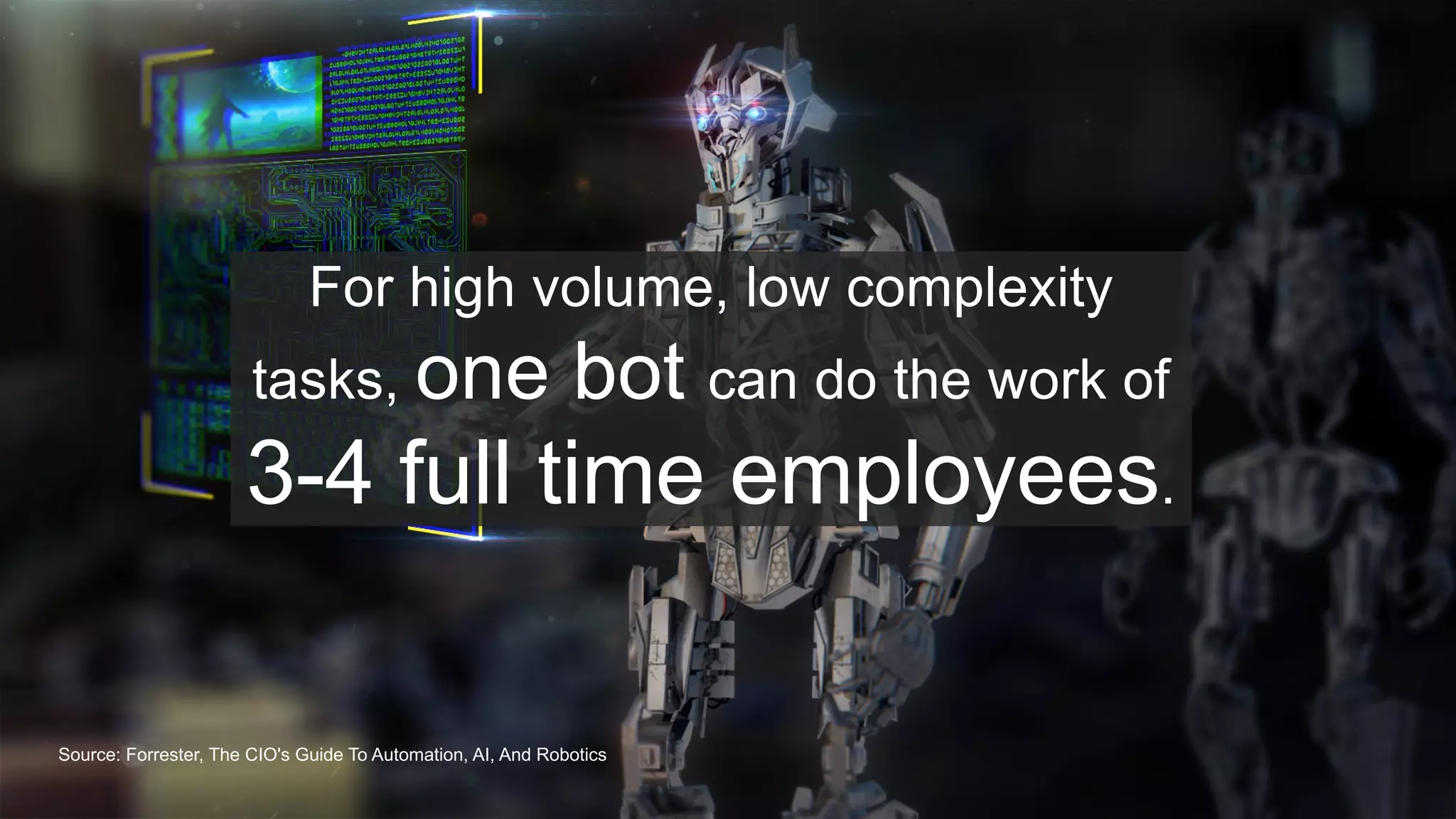 14© 2018 FORRESTER. REPRODUCTION PROHIBITED.
Source: Forrester, The CIO's Guide To Automation, AI, And Robotics
For high volume, low complexity
tasks, one bot can do the work of
3-4 full time employees.
 