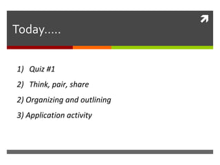 
Today…..
1) Quiz #1
2) Think, pair, share
2) Organizing and outlining
3) Application activity
 