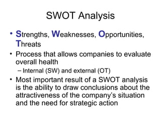 SWOT Analysis
• Strengths, Weaknesses, Opportunities,
  Threats
• Process that allows companies to evaluate
  overall health
  – Internal (SW) and external (OT)
• Most important result of a SWOT analysis
  is the ability to draw conclusions about the
  attractiveness of the company’s situation
  and the need for strategic action
 