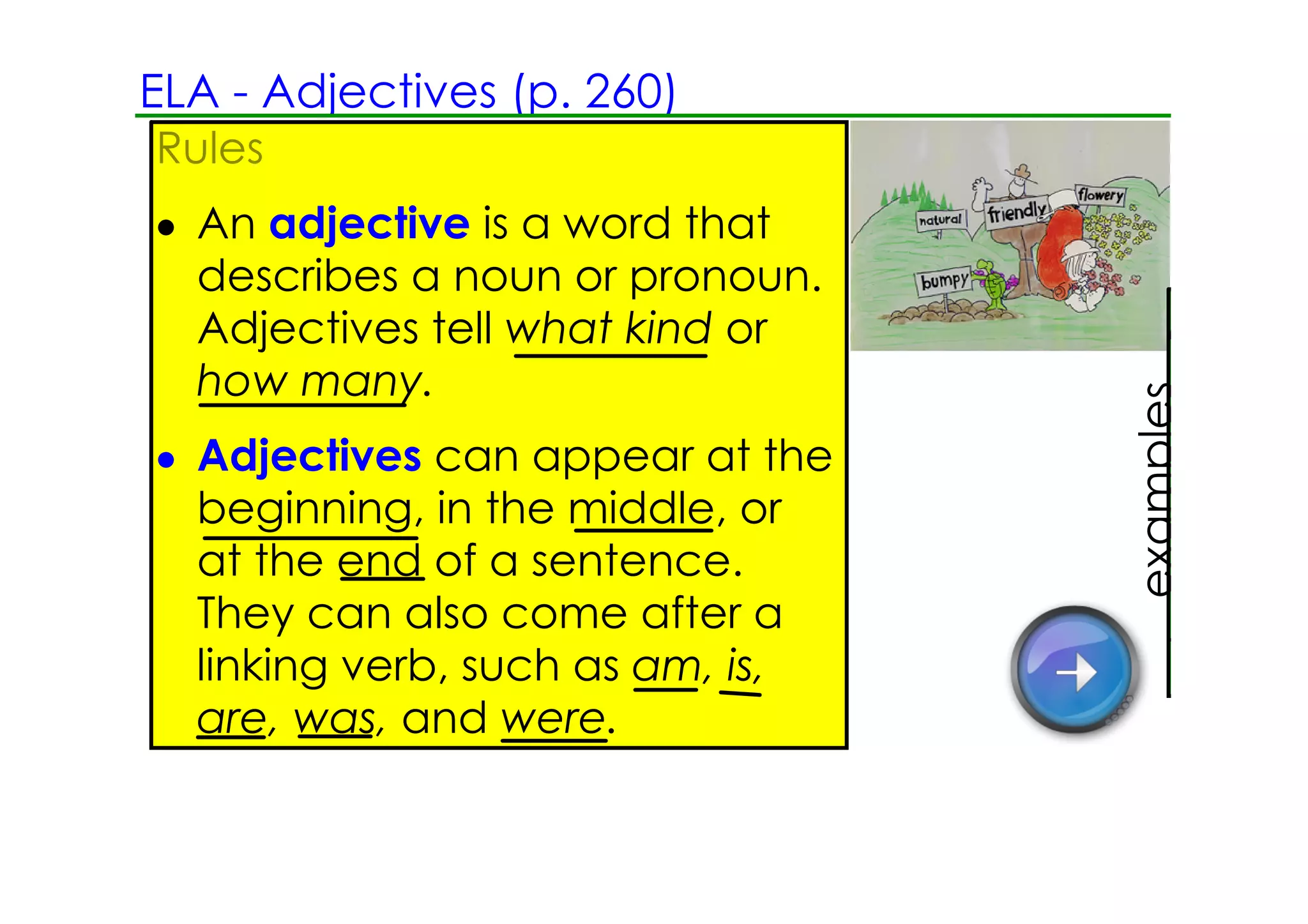 ELA ­ Adjectives (p. 260)
Rules
• An adjective is a word that
  describes a noun or pronoun.
  Adjectives tell what kind or         Encycl
  how many.                            (what




                                  examples
• Adjectives can appear at the         A libra
  beginning, in the middle, or
  at the end of a sentence.            (how m
  They can also come after a
  linking verb, such as am, is,        The art
  are, was, and were.
 