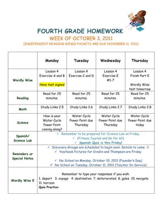 FOURTH GRADE HOMEWORK
                       WEEK OF OCTOBER 3, 2011
      (INDEPENDENT READING BINGO PACKETS ARE DUE NOVEMBER 11, 2011)




                    Monday             Tuesday          Wednesday           Thursday

                   Lesson 4           Lesson 4            Lesson 4            Lesson 4
                Exercise A and B   Exercise C and D      Exercise E         Finish Part E
Wordly Wise                                                 #1-7
                Have test signed                                            Wordly Wise
                                                                           test tomorrow
                  Read for 25         Read for 25        Read for 25        Read for 25
   Reading         minutes.            minutes.           minutes.            minutes.

                 Study Links 2.5    Study Links 2.6    Study Links 2.7    Study Links 2.8
    Math

                   How is your     Water Cycle          Water Cycle        Water Cycle
                   Water Cycle    Power Point due    Power Point due     Power Point due
   Science
                   Power Point       Thursday             Thursday             today
                  coming along?
                             Remember to be prepared for Science Lab on Friday.
  Spanish/
                                     (Fitness Journal and Go for 60)
 Science Lab
                                      Spanish Quiz is this Friday!
                      Discovery Groups are scheduled to begin soon. Details to come. 
                           Yearbook Pictures for Croslin and Thompson are Friday.
Reminders or
Special Notes
                          No School on Monday, October 10, 2011 (Founder’s Day)
                        No School on Tuesday, October 11, 2011 (Teacher In-Service)

                               Remember to type your responses if you wish.
                1. depart 3. voyage 4. destination 7. deteriorated 8. gales 10. navigate
Wordly Wise E
                11. horizon
                Quia Practice:
 