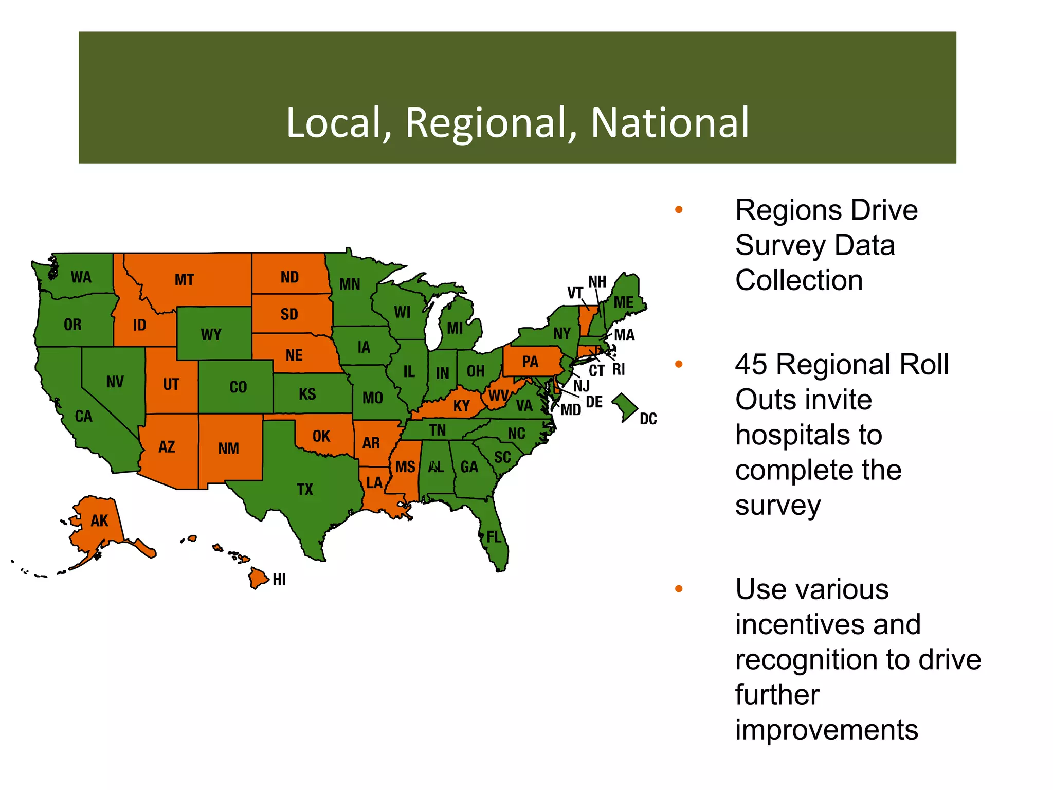 Local, Regional, National
                    •   Regions Drive
                        Survey Data
                        Collection

                    •   45 Regional Roll
                        Outs invite
                        hospitals to
                        complete the
                        survey

                    •   Use various
                        incentives and
                        recognition to drive
                        further
                        improvements
 