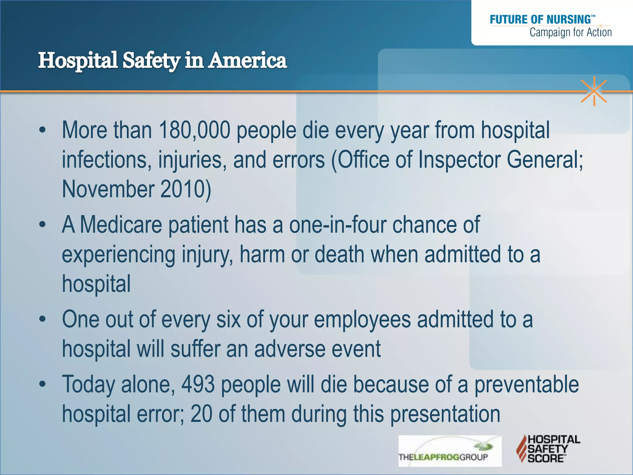 • More than 180,000 people die every year from hospital
  infections, injuries, and errors (Office of Inspector General;
  November 2010)
• A Medicare patient has a one-in-four chance of
  experiencing injury, harm or death when admitted to a
  hospital
• One out of every six of your employees admitted to a
  hospital will suffer an adverse event
• Today alone, 493 people will die because of a preventable
  hospital error; 20 of them during this presentation
 