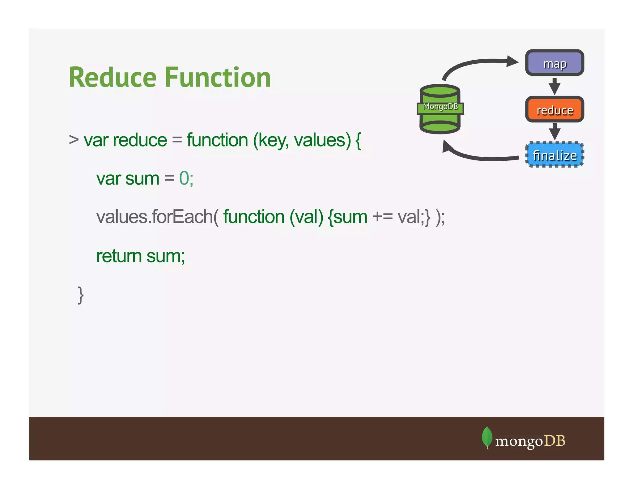 map

Reduce Function
MongoDB

> var reduce = function (key, values) {
var sum = 0;
values.forEach( function (val) {sum += val;} );
return sum;
}

reduce

ﬁnalize

 