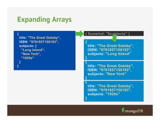 Expanding Arrays
{ $unwind: "$subjects" }

{
title: "The Great Gatsby",
ISBN: "9781857150193",
subjects: [
"Long Island",
"New York",
"1920s"
]

{

}
{

}

}
{

}

title: "The Great Gatsby",
ISBN: "9781857150193",
subjects: "Long Island"
title: "The Great Gatsby",
ISBN: "9781857150193",
subjects: "New York"
title: "The Great Gatsby",
ISBN: "9781857150193",
subjects: "1920s"

 