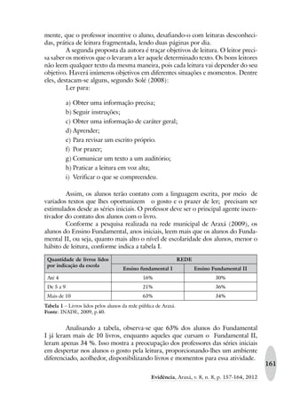 161
Evidência, Araxá, v. 8, n. 8, p. 157-164, 2012
mente, que o professor incentive o aluno, desafiando-o com leituras desconheci-
das, prática de leitura fragmentada, lendo duas páginas por dia.
A segunda proposta da autora é traçar objetivos de leitura. O leitor preci-
sa saber os motivos que o levaram a ler aquele determinado texto. Os bons leitores
não leem qualquer texto da mesma maneira, pois cada leitura vai depender do seu
objetivo. Haverá inúmeros objetivos em diferentes situações e momentos. Dentre
eles, destacam-se alguns, segundo Solé (2008):
Ler para:
a) Obter uma informação precisa;
b) Seguir instruções;
c) Obter uma informação de caráter geral;
d) Aprender;
e) Para revisar um escrito próprio.
f) Por prazer;
g) Comunicar um texto a um auditório;
h) Praticar a leitura em voz alta;
i) Verificar o que se compreendeu.
Assim, os alunos terão contato com a linguagem escrita, por meio de
variados textos que lhes oportunizem o gosto e o prazer de ler; precisam ser
estimulados desde as séries iniciais. O professor deve ser o principal agente incen-
tivador do contato dos alunos com o livro.
Conforme a pesquisa realizada na rede municipal de Araxá (2009), os
alunos do Ensino Fundamental, anos iniciais, leem mais que os alunos do Funda-
mental II, ou seja, quanto mais alto o nível de escolaridade dos alunos, menor o
hábito de leitura, conforme indica a tabela I.
Quantidade de livros lidos
por indicação da escola
REDE
Ensino fundamental I Ensino Fundamental II
Até 4 16% 30%
De 5 a 9 21% 36%
Mais de 10 63% 34%
Tabela 1 – Livros lidos pelos alunos da rede pública de Araxá.
Fonte: INADE, 2009, p.40.
Analisando a tabela, observa-se que 63% dos alunos do Fundamental
I já leram mais de 10 livros, enquanto aqueles que cursam o Fundamental II,
leram apenas 34 %. Isso mostra a preocupação dos professores das séries iniciais
em despertar nos alunos o gosto pela leitura, proporcionando-lhes um ambiente
diferenciado, acolhedor, disponibilizando livros e momentos para essa atividade.
 