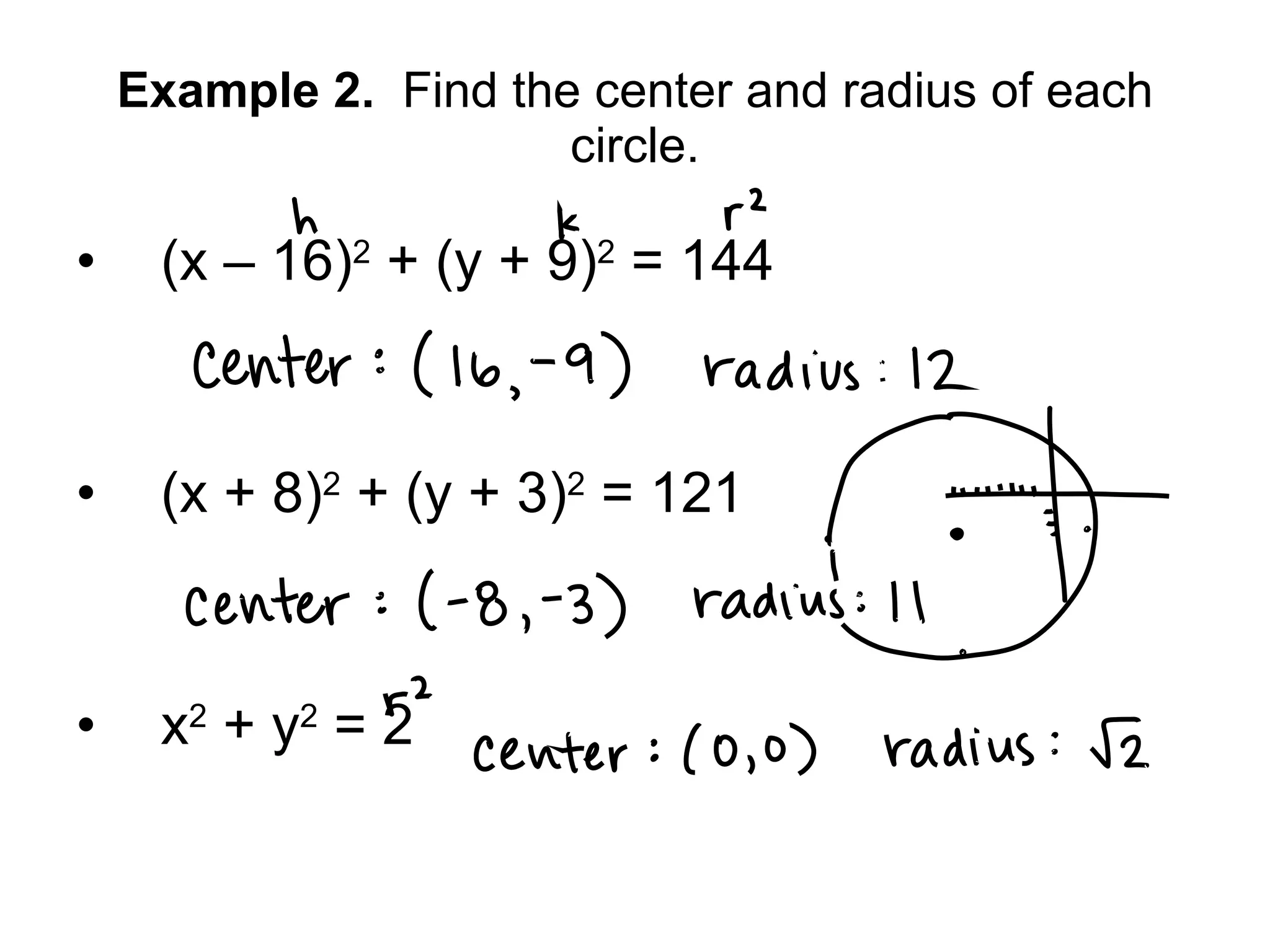 Example 2. Find the center and radius of each circle. (x – 16) 2 + (y + 9) 2 = 144 (x + 8) 2 + (y + 3) 2 = 121 x 2 + y 2 = 2