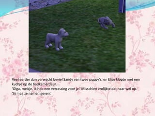 Veel eerder dan verwacht beviel Sandy van twee puppy’s, en Elise klopte met een
kuchje op de badkamerdeur.
‘Olga, meisje, ik heb een verrassing voor je.’ Misschien vrolijkte dat haar wel op.
‘Jij mag ze namen geven.’
 