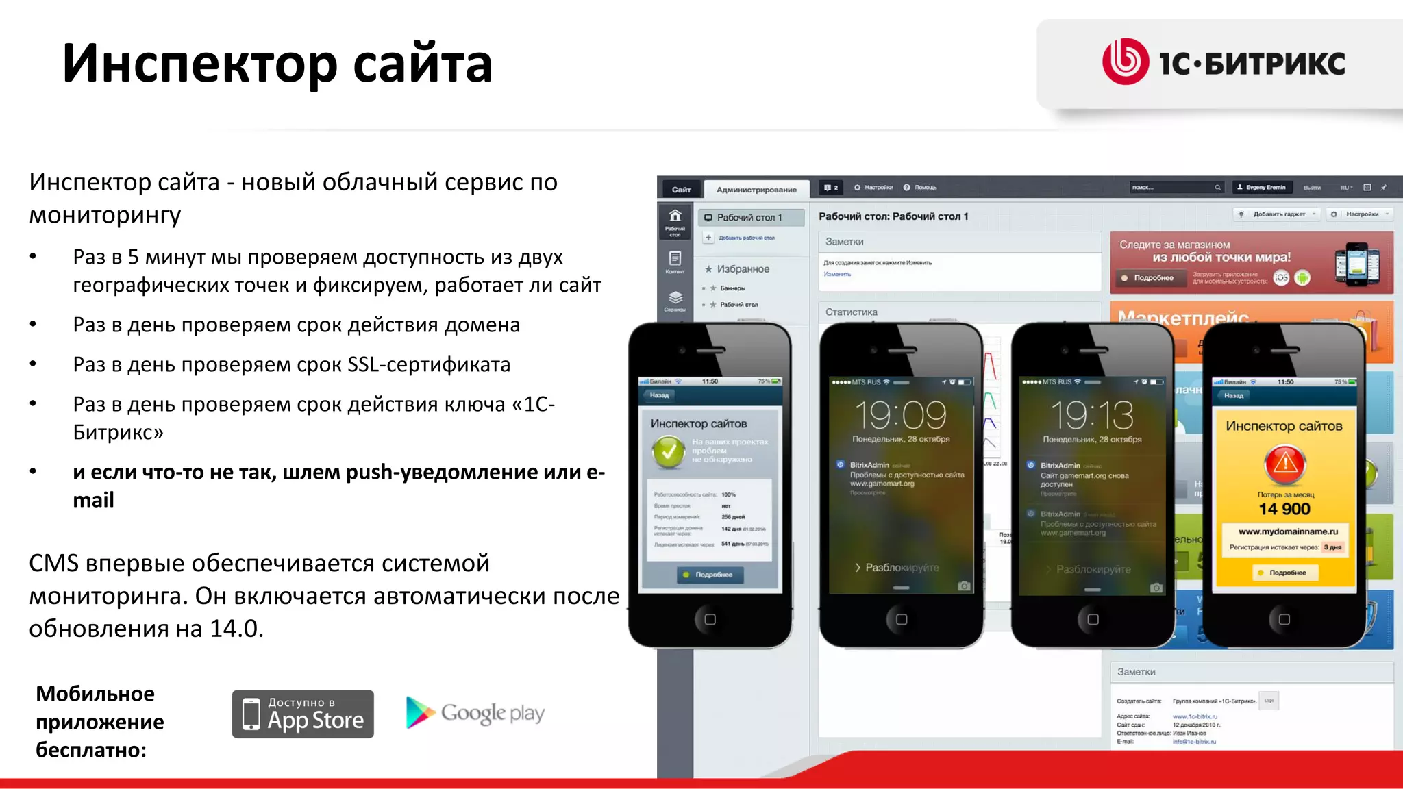 Инспектор сайта
Инспектор сайта - новый облачный сервис по
мониторингу
•

Раз в 5 минут мы проверяем доступность из двух
географических точек и фиксируем, работает ли сайт

•

Раз в день проверяем срок действия домена

•

Раз в день проверяем срок SSL-сертификата

•

Раз в день проверяем срок действия ключа «1СБитрикс»

•

и если что-то не так, шлем push-уведомление или email

CMS впервые обеспечивается системой
мониторинга. Он включается автоматически после
обновления на 14.0.
Мобильное
приложение
бесплатно:

 