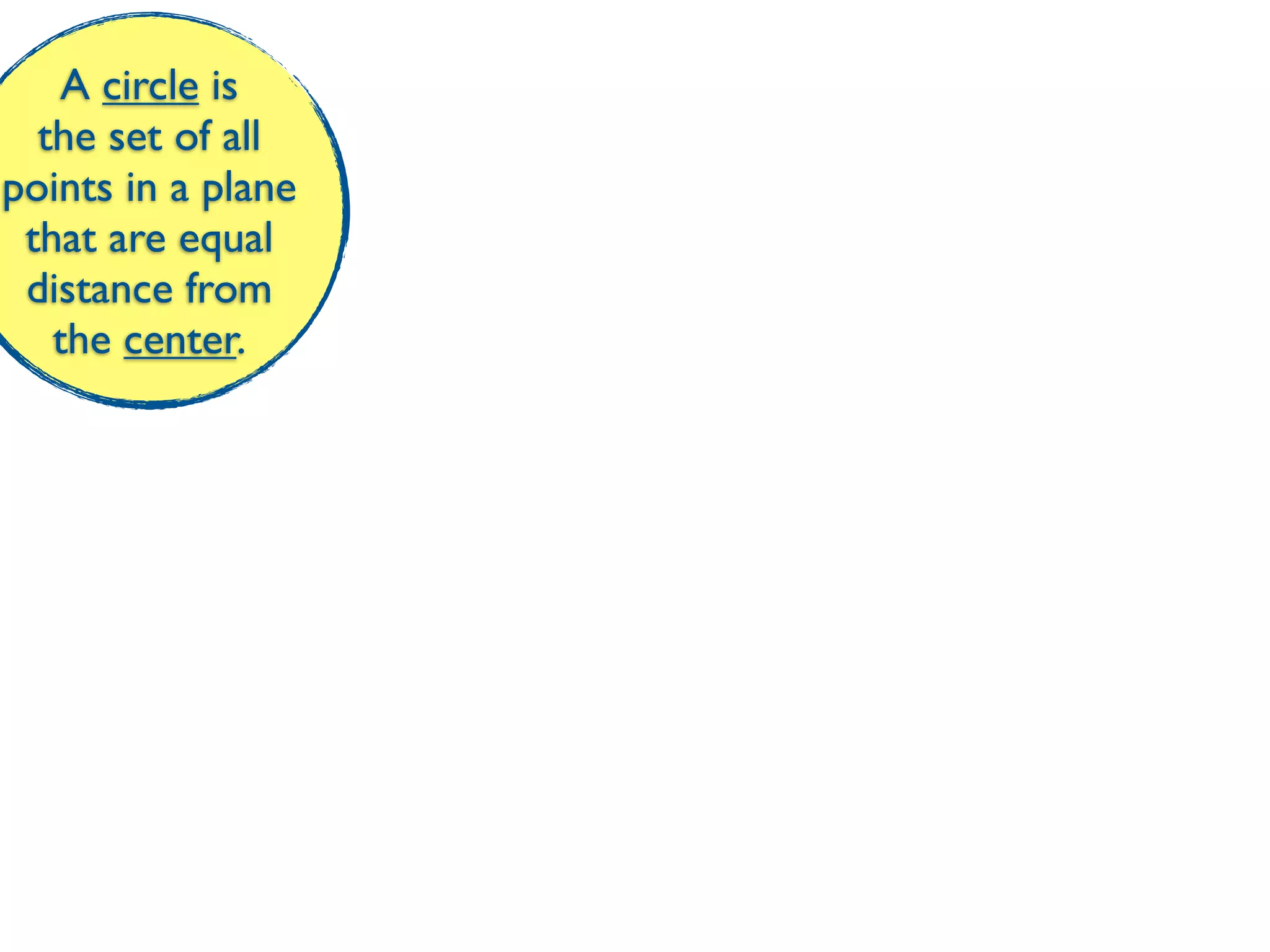 A circle is
  the set of all
points in a plane
 that are equal
 distance from
   the center.
 