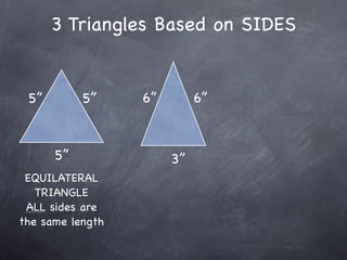 3 Triangles Based on SIDES


 5”        5”     6”        6”



      5”               3”
 EQUILATERAL
   TRIANGLE
 ALL sides are
the same length
 