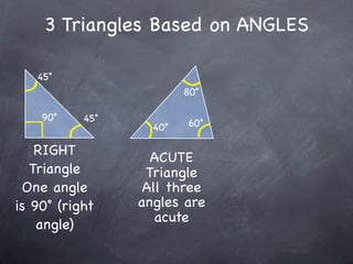 3 Triangles Based on ANGLES

   45˚
                         80˚

    90˚    45˚
                   40˚   60˚

    RIGHT          ACUTE
   Triangle       Triangle
 One angle        All three
is 90˚ (right    angles are
                    acute
    angle)
 