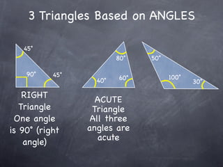 3 Triangles Based on ANGLES

   45˚
                         80˚   50˚

    90˚    45˚                       100˚
                   40˚   60˚
                                            30˚

    RIGHT          ACUTE
   Triangle       Triangle
 One angle        All three
is 90˚ (right    angles are
                    acute
    angle)
 