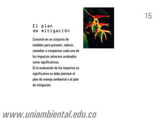 15

       Consiste en un conjunto de
       medidas para prevenir, reducir,
       remediar o compensar cada uno de
       los impactos adversos evaluados
       como significativos.
       Si la evaluación de los impactos es
       significativa se debe plantear el
       plan de manejo ambiental o el plan
       de mitigación.




www.uniambiental.edu.co
 