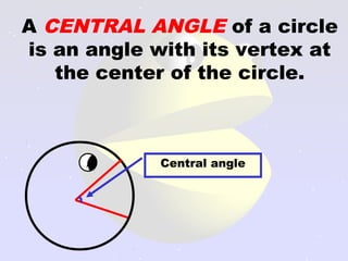A CENTRAL ANGLE of a circle
is an angle with its vertex at
the center of the circle.
Central angle
 