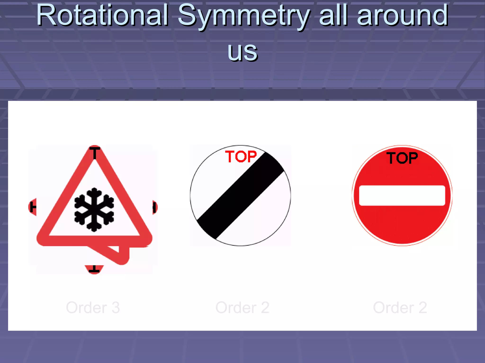 Rotational Symmetry all aroundRotational Symmetry all around
usus
Order 3 Order 2 Order 2
 