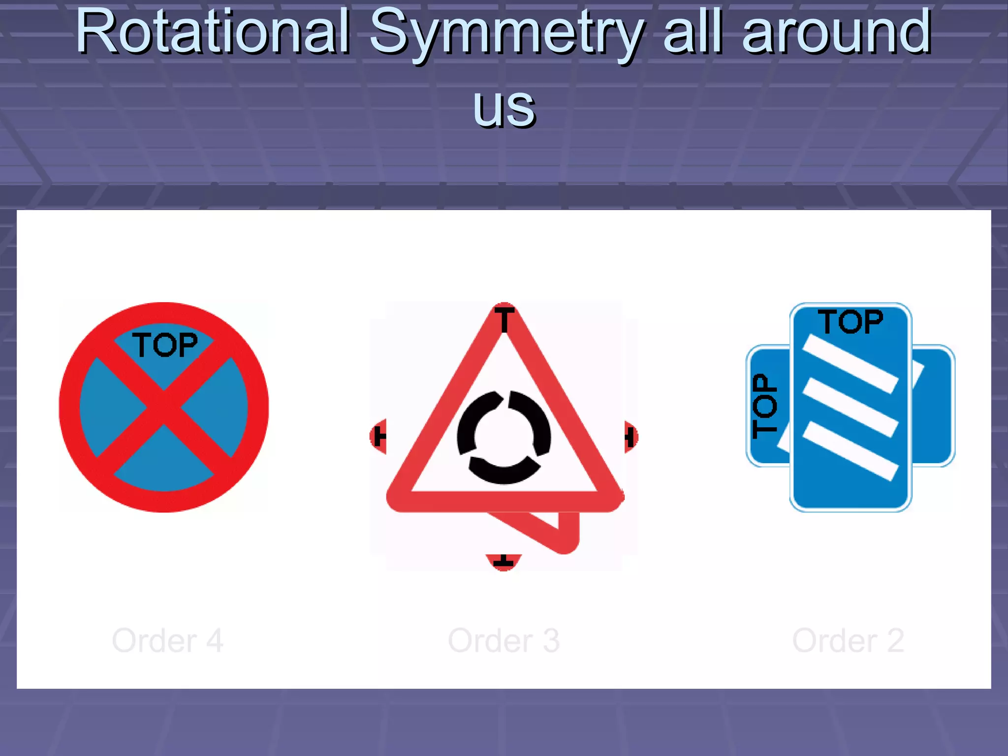 Rotational Symmetry all aroundRotational Symmetry all around
usus
Order 4 Order 3 Order 2
 