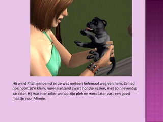 Hij werd Pitch genoemd en ze was meteen helemaal weg van hem. Ze had
nog nooit zo’n klein, mooi glanzend zwart hondje gezien, met zo’n levendig
karakter. Hij was hier zeker wel op zijn plek en werd later vast een goed
maatje voor Minnie.
 