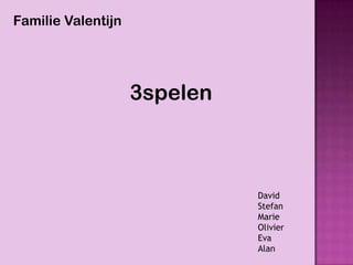 Familie Valentijn




                    3spelen



                              David
                              Stefan
                              Marie
                              Olivier
                              Eva
                              Alan
 