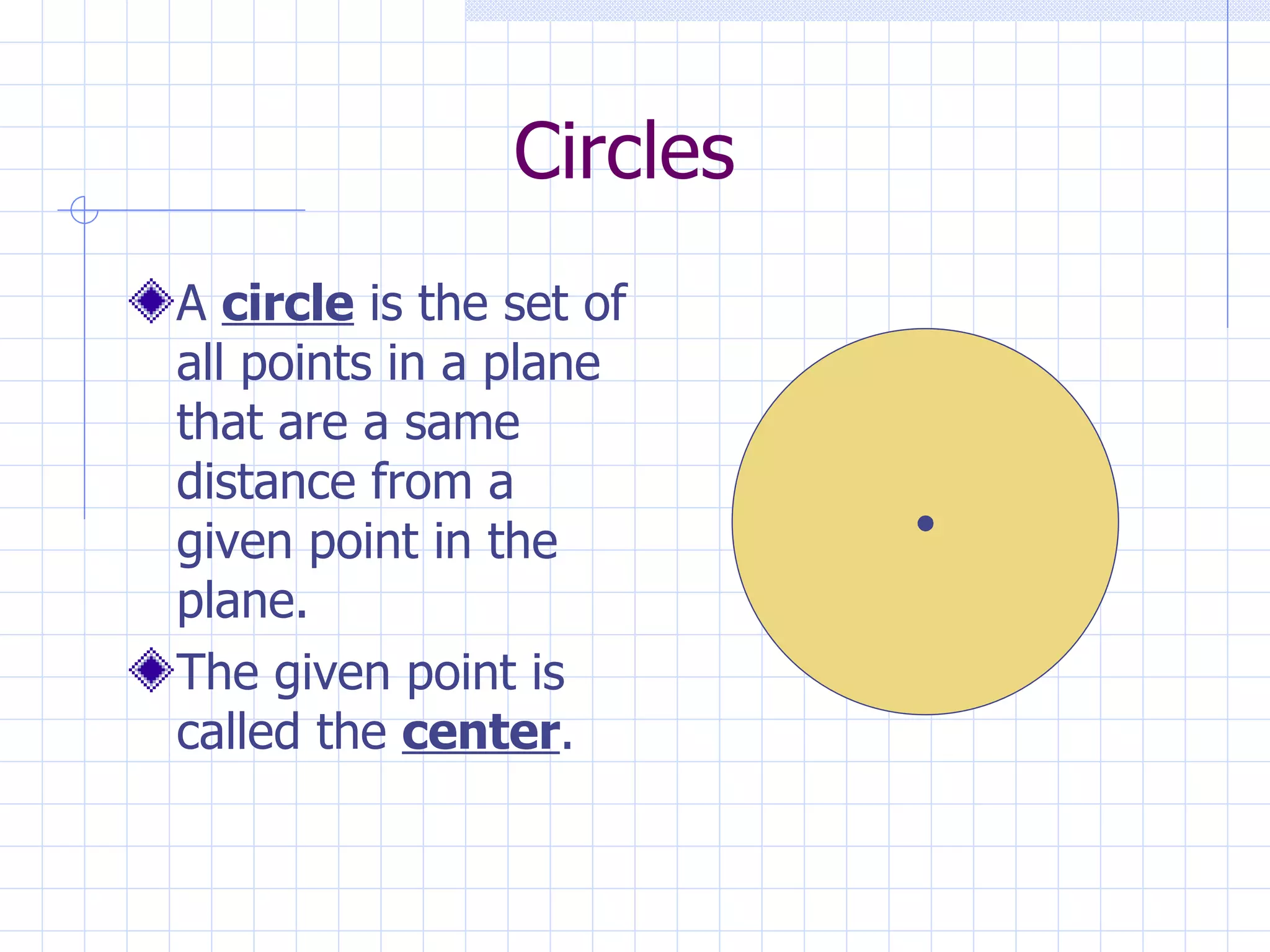 Circles A circle is the set of all points in a plane that are a same distance from a given point in the plane. The given point is called the center .