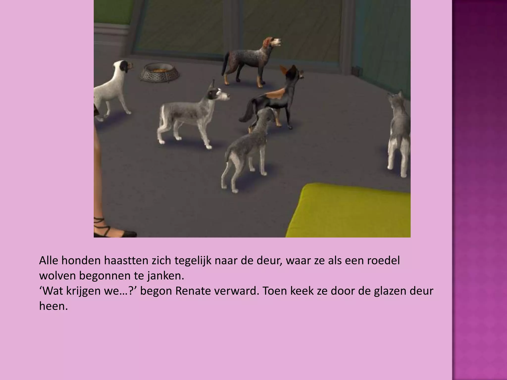 Alle honden haastten zich tegelijk naar de deur, waar ze als een roedel
wolven begonnen te janken.
‘Wat krijgen we…?’ begon Renate verward. Toen keek ze door de glazen deur
heen.
 