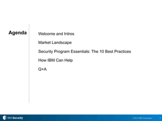 3© 2015 IBM Corporation
Agenda Welcome and Intros
Market Landscape
Security Program Essentials: The 10 Best Practices
How IBM Can Help
Q+A
 