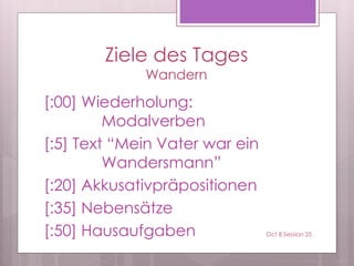 Ziele des Tages
Wandern
[:00] Wiederholung:
Modalverben
[:5] Text “Mein Vater war ein
Wandersmann”
[:20] Akkusativpräpositionen
[:35] Nebensätze
[:50] Hausaufgaben Oct 8 Session 25
 