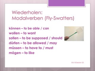 Wiederholen:
Modalverben (Fly-Swatters)
können – to be able / can
wollen – to want
sollen – to be supposed / should
dürfen – to be allowed / may
müssen – to have to / must
mögen – to like
Oct 8 Session 25
 