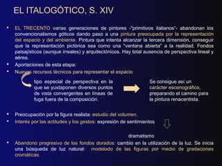 EL ITALOGÓTICO, S. XIV
   EL TRECENTO varias generaciones de pintores -"primitivos italianos“- abandonan los
    convencionalismos góticos dando paso a una pintura preocupada por la representación
    del espacio y del ambiente. Pintura que intenta alcanzar la tercera dimensión, conseguir
    que la representación pictórica sea como una "ventana abierta" a la realidad. Fondos
    paisajísticos (aunque irreales) y arquitectónicos. Hay total ausencia de perspectiva lineal y
    aérea.
   Aportaciones de esta etapa:
   Nuevos recursos técnicos para representar el espacio
            tipo especial de perspectiva en la                    Se consigue así un
            que se yuxtaponen diversos puntos                     carácter escenográfico,
            de vista convergentes en líneas de                    preparando el camino para
            fuga fuera de la composición.                         la pintura renacentista.


   Preocupación por la figura realista: estudio del volumen.
                                                     volumen
   Interés por las actitudes y los gestos: expresión de sentimientos

                                                   dramatismo
   Abandono progresivo de los fondos dorados: cambio en la utilización de la luz. Se inicia
    una búsqueda de luz natural: modelado de las figuras por medio de gradaciones
    cromáticas.
 