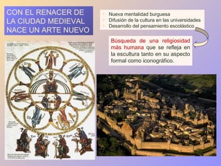 CON EL RENACER DE       Nueva mentalidad burguesa
LA CIUDAD MEDIEVAL      Difusión de la cultura en las universidades
                        Desarrollo del pensamiento escolástico
NACE UN ARTE NUEVO
                          Búsqueda de una religiosidad
                          más humana que se refleja en
                          la escultura tanto en su aspecto
                          formal como iconográfico.
 