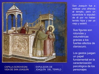 San Joaquín fue a
                                           realizar una ofrenda
                                           al templo, pero un
                                           sacerdote lo expulsó
                                           de él por no haber
                                           tenido hijos y ser ya
                                           viejo y estéril.

                                           Sus figuras son
                                           rotundas y
                                           volumétricas
                                           gracias a los
                                           fuertes efectos de
                                           claroscuro.

                                           Los gestos juegan
                                           un papel
                                           fundamental en la
                                           caracterización
CAPILLA SCROVEGNI:    EXPULSION DE         psicológica de los
VIDA DE SAN JOAQUÍN   JOAQUÍN DEL TEMPLO   personajes
 