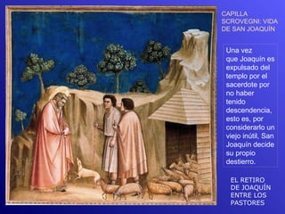 CAPILLA
SCROVEGNI: VIDA
DE SAN JOAQUÍN


 Una vez
 que Joaquín es
 expulsado del
 templo por el
 sacerdote por
 no haber
 tenido
 descendencia,
 esto es, por
 considerarlo un
 viejo inútil, San
 Joaquín decide
 su propio
 destierro.

  EL RETIRO
  DE JOAQUÍN
  ENTRE LOS
  PASTORES
 