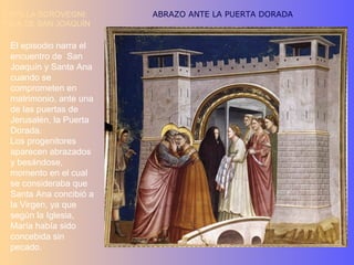 CAPILLA SCROVEGNI:      ABRAZO ANTE LA PUERTA DORADA
VIDA DE SAN JOAQUÍN

 El episodio narra el
 encuentro de San
 Joaquín y Santa Ana
 cuando se
 comprometen en
 matrimonio, ante una
 de las puertas de
 Jerusalén, la Puerta
 Dorada.
 Los progenitores
 aparecen abrazados
 y besándose,
 momento en el cual
 se consideraba que
 Santa Ana concibió a
 la Virgen, ya que
 según la Iglesia,
 María había sido
 concebida sin
 pecado.
 